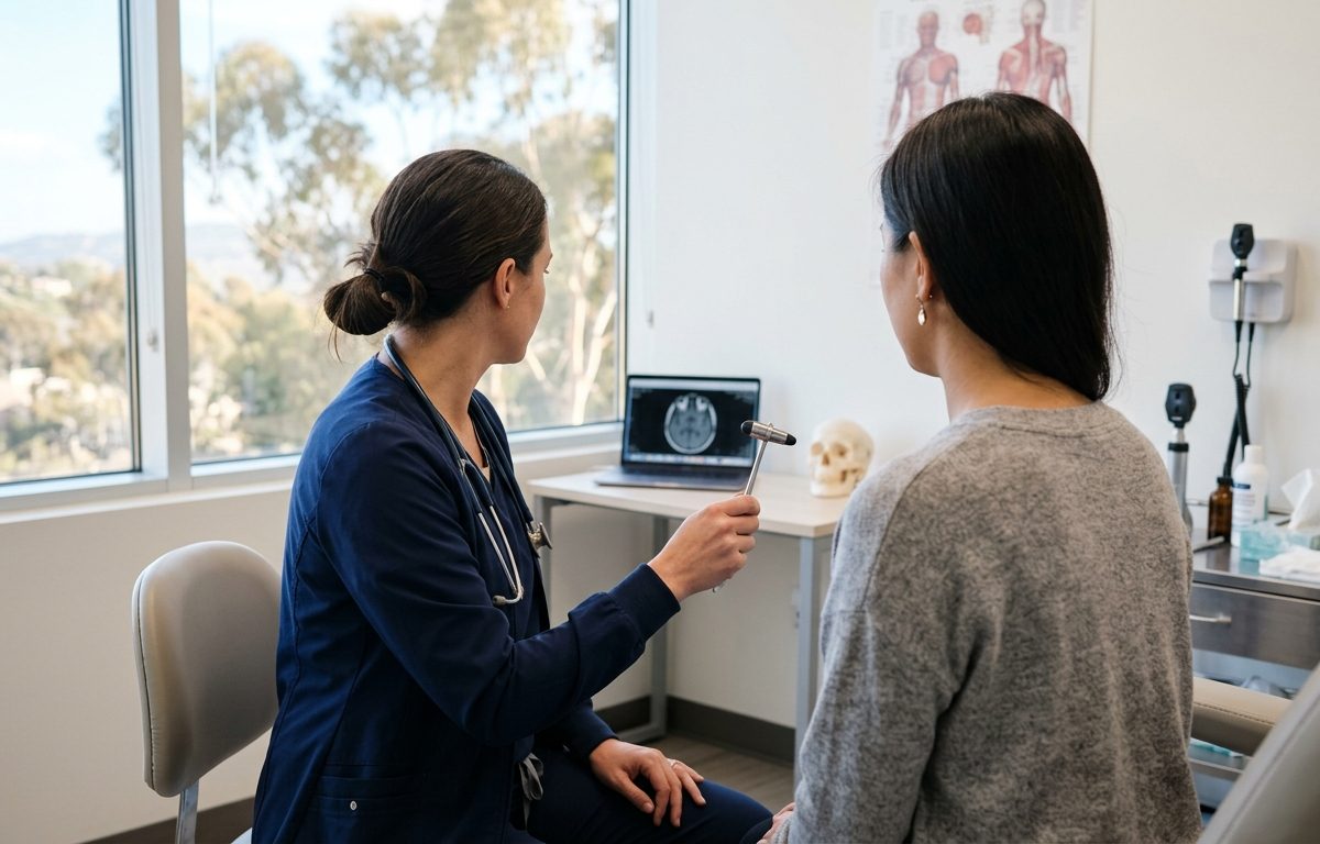 Woman in San Diego consulting with a clinician about migraine symptoms and dizziness