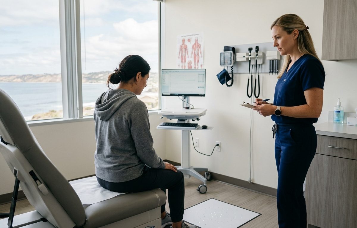 Calm clinical exam room prepared for migraine and dizziness evaluation near La Jolla