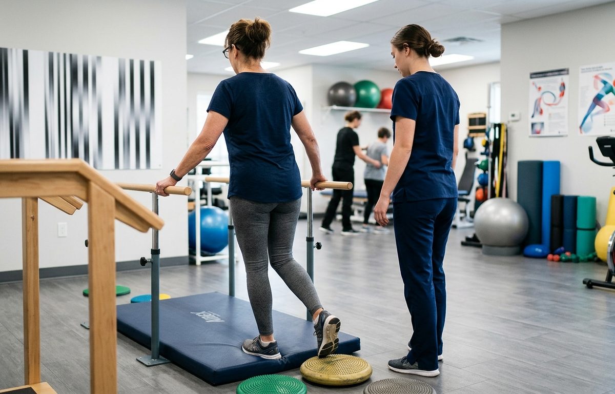 Clinical balance testing setup for motion sensitivity and dizziness evaluation