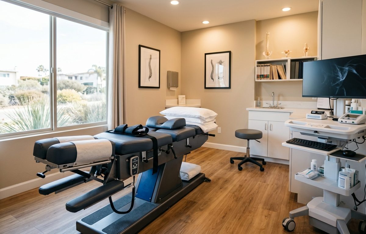 Clinical treatment room showing spinal decompression table and therapeutic equipment for non-surgical bulging disc care