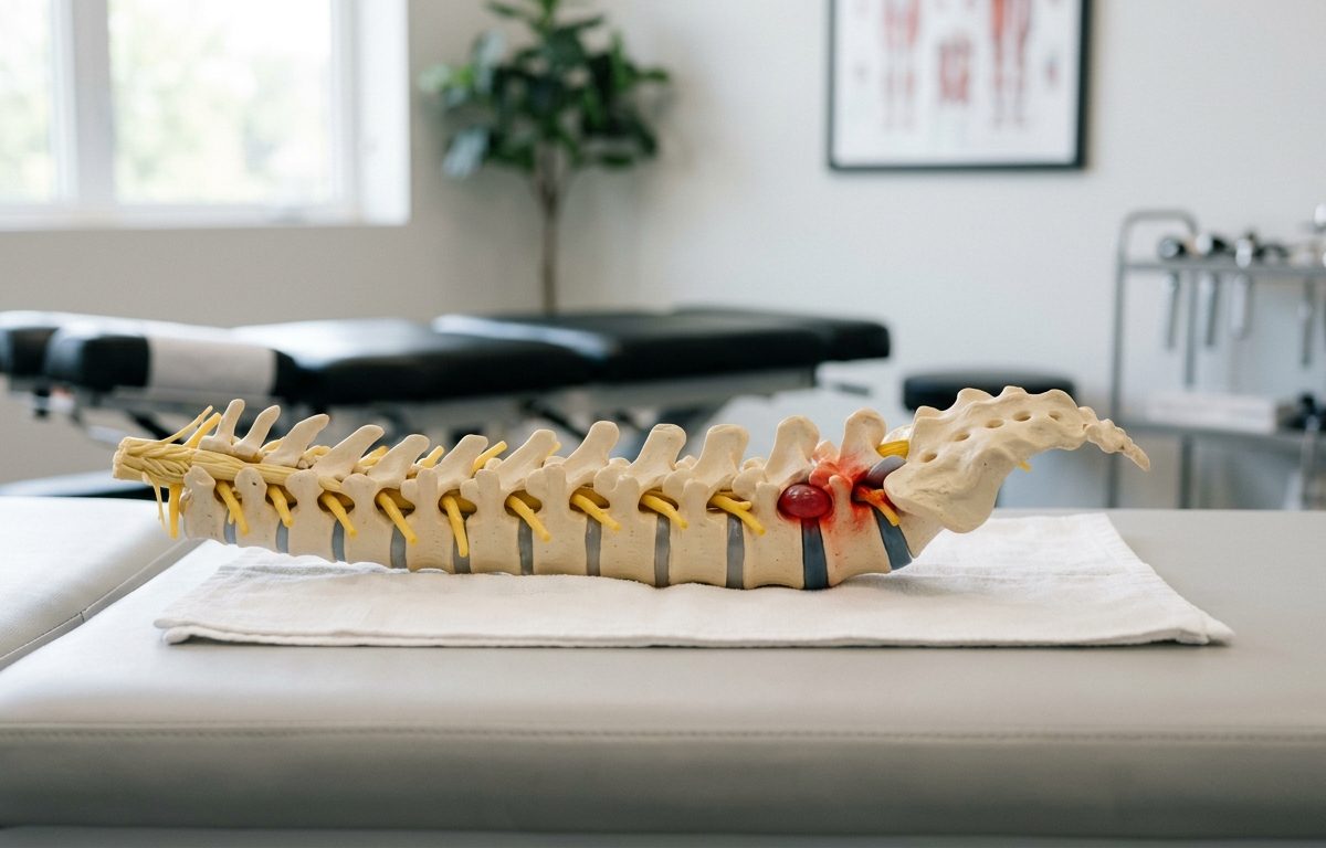 Spinal anatomy model showing herniated disc and nerve root in a clinical setting