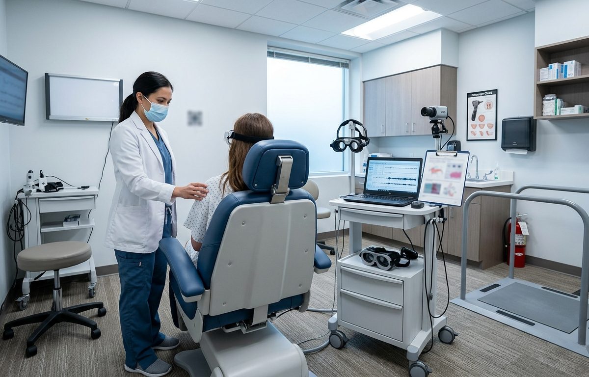Clinical vestibular evaluation room with balance testing equipment