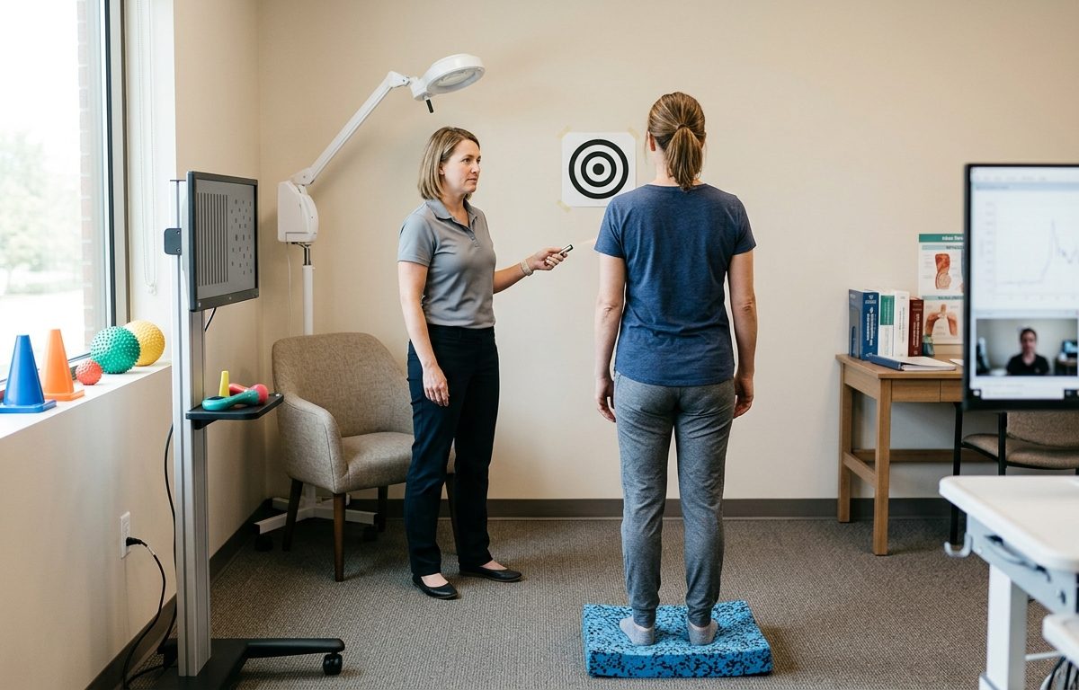 Calm clinical rehabilitation setting representing persistent concussion symptoms without faces