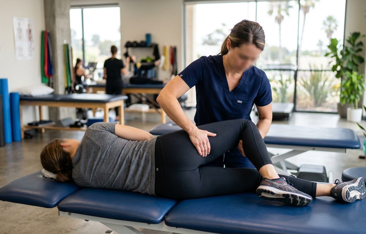 Exam room view representing piriformis syndrome treatment and hip-related leg pain evaluation in San Diego