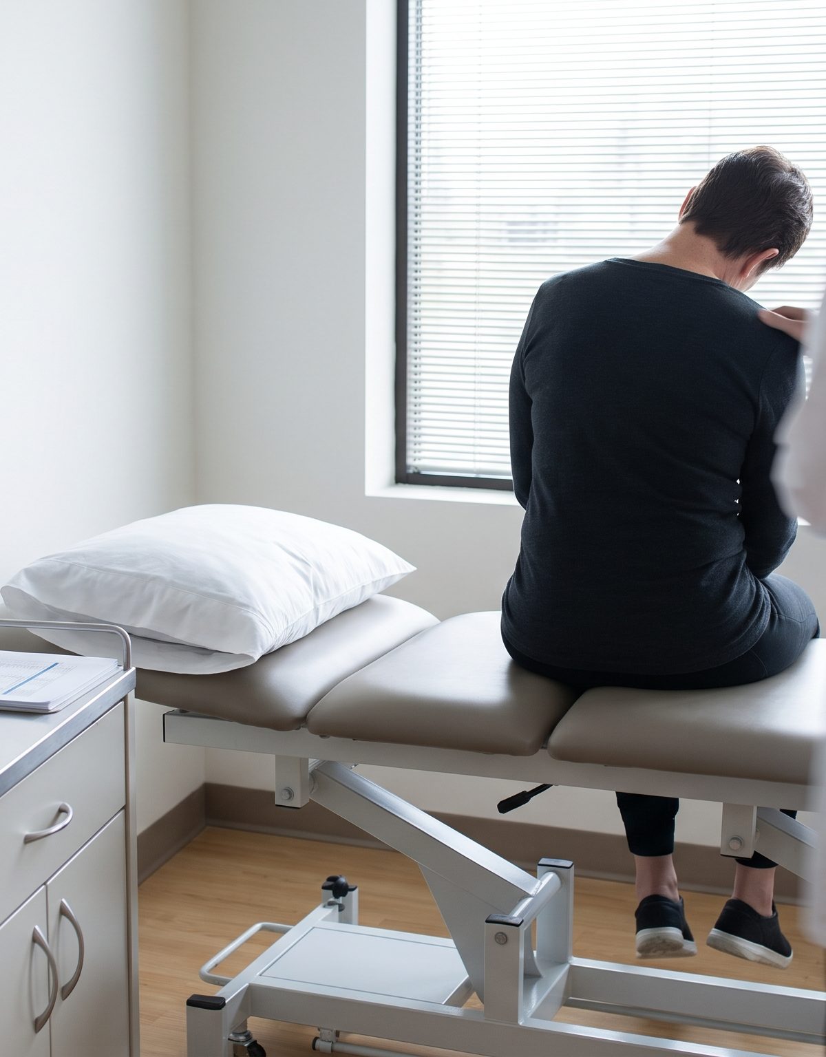 Clinical post-concussion headache evaluation setup with balance target, penlight, foam pad, exam table, and neurologic rehab tools, no faces visible