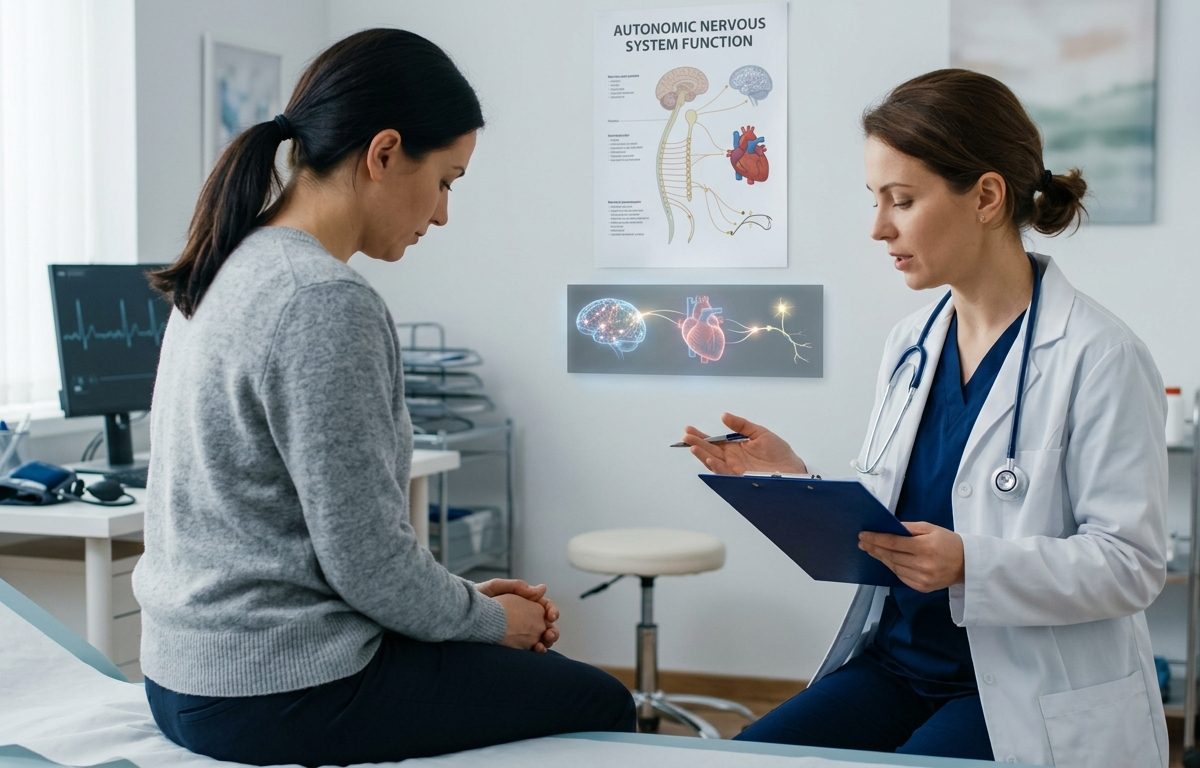Photorealistic clinical image representing brain fog, autonomic strain, and cognitive fatigue without text