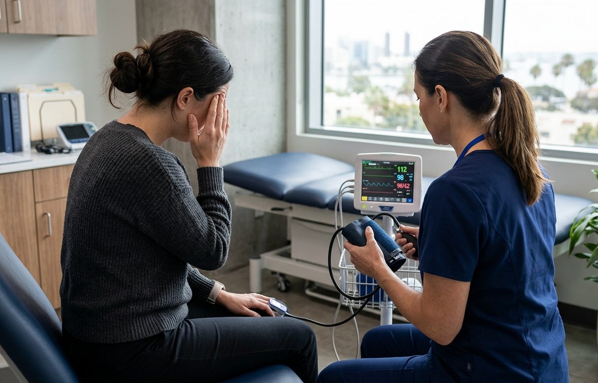 Clinical rehabilitation setting representing autonomic symptoms, headache, and dizziness without text or faces