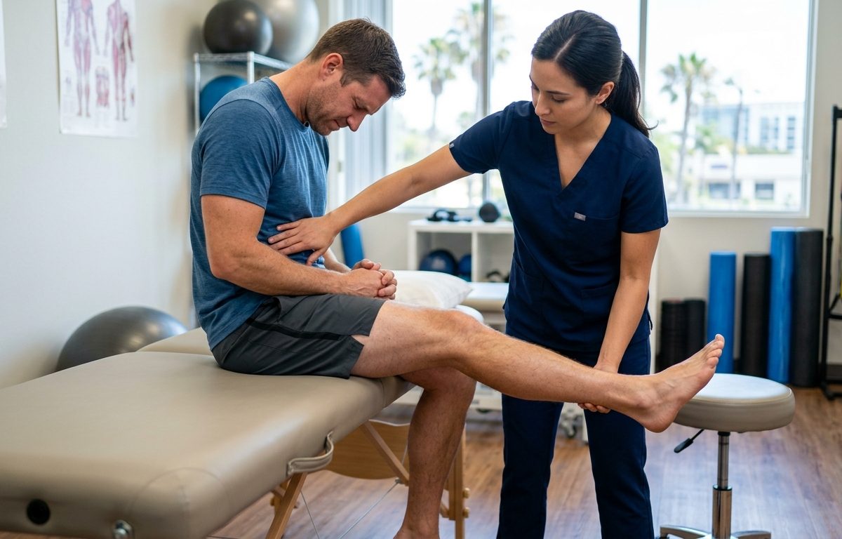 Clinical evaluation setup for radiating leg pain symptoms in a San Diego spine and rehab setting