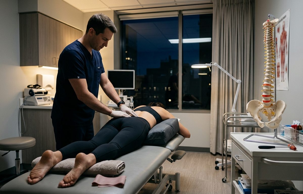 Clean clinical exam room with a spine model and examination table representing nighttime sciatica evaluation
