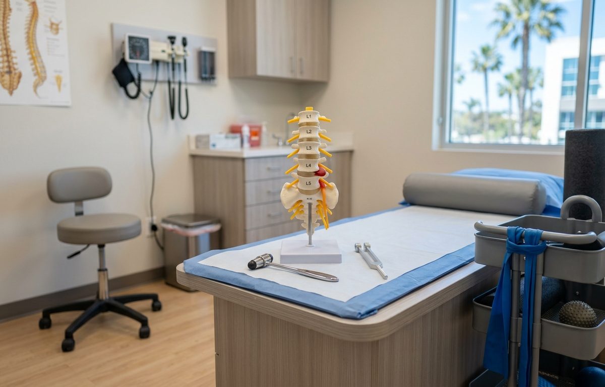 Clinical exam room setup for sciatica evaluation with spine model and rehabilitation equipment