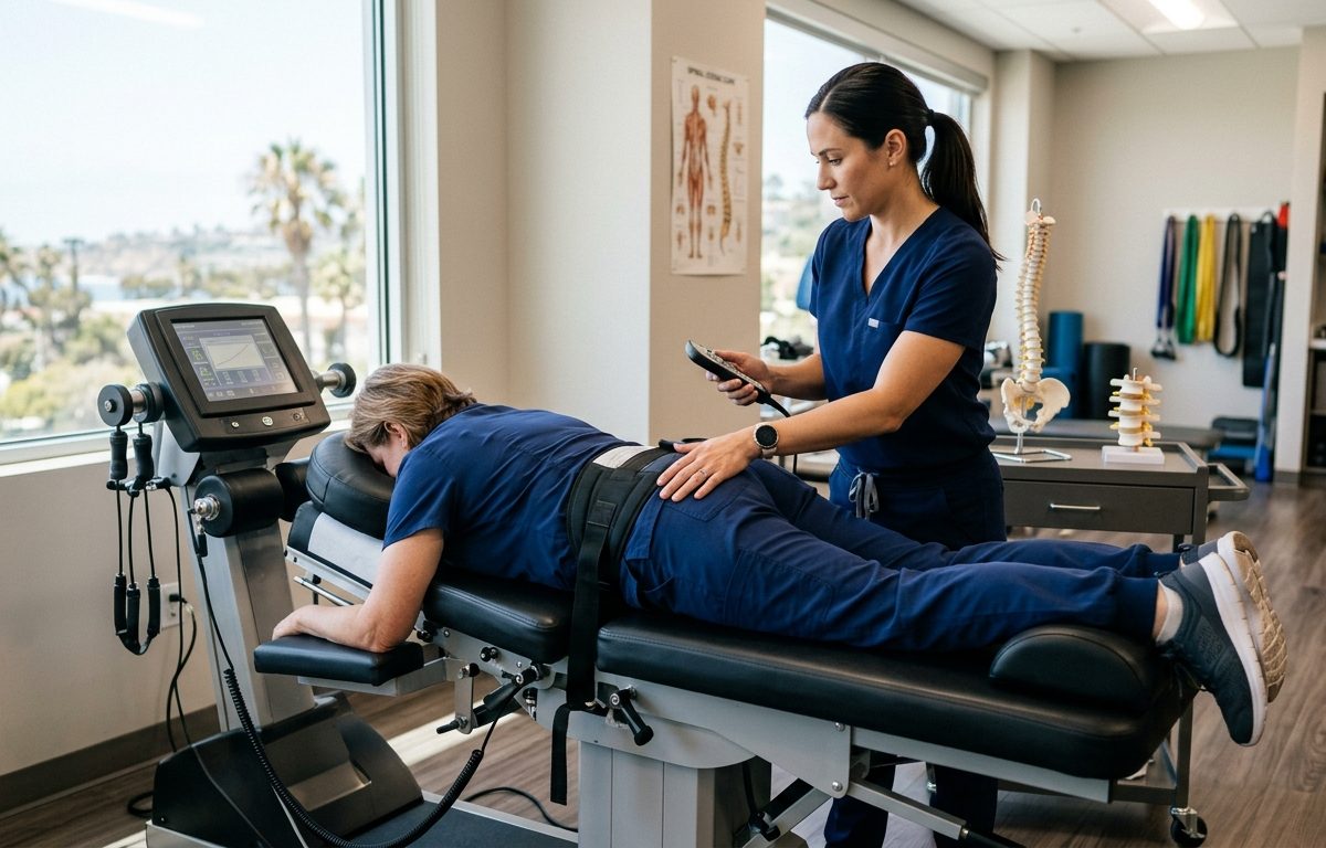 Modern spinal decompression table in a clean San Diego clinic treatment room