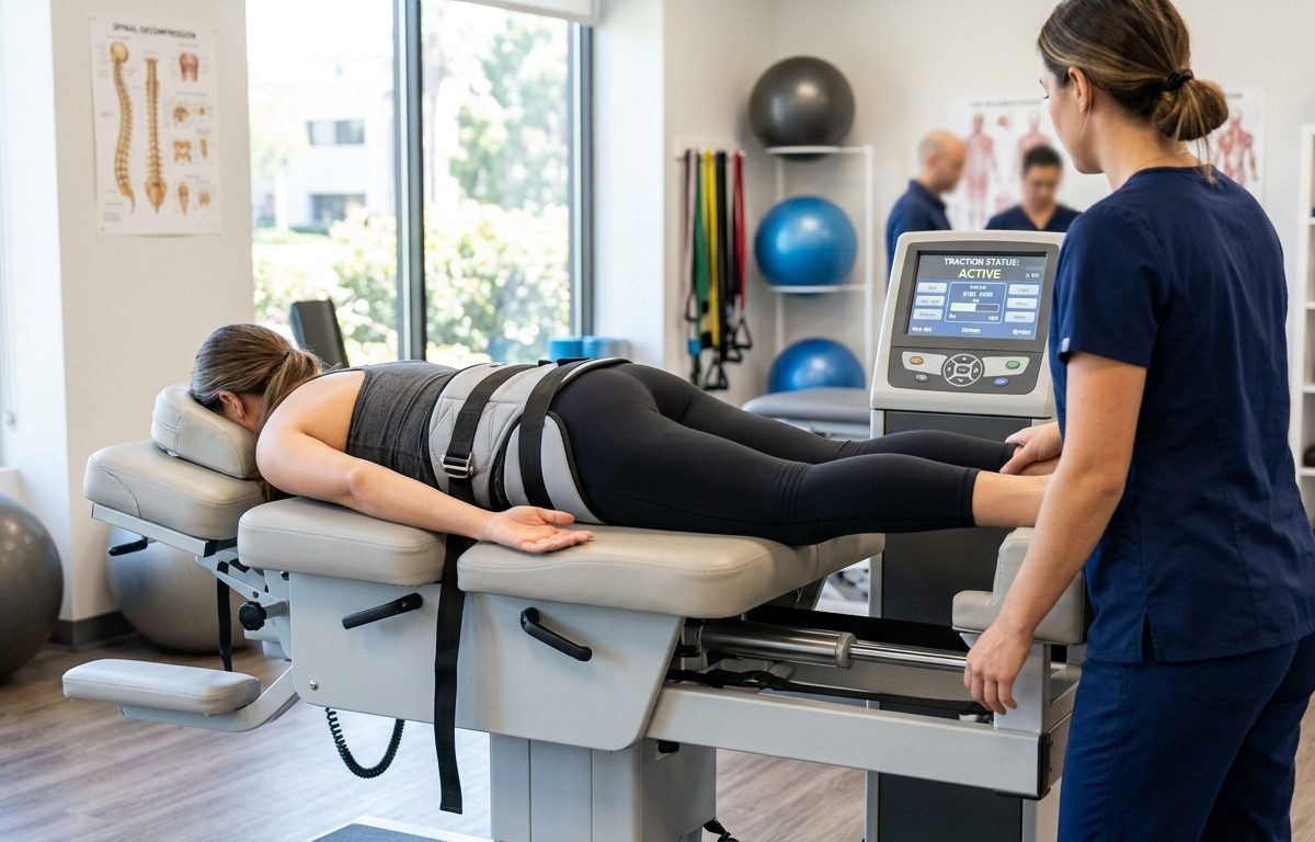 Clinical spinal decompression setup for bulging disc-related back pain in San Diego