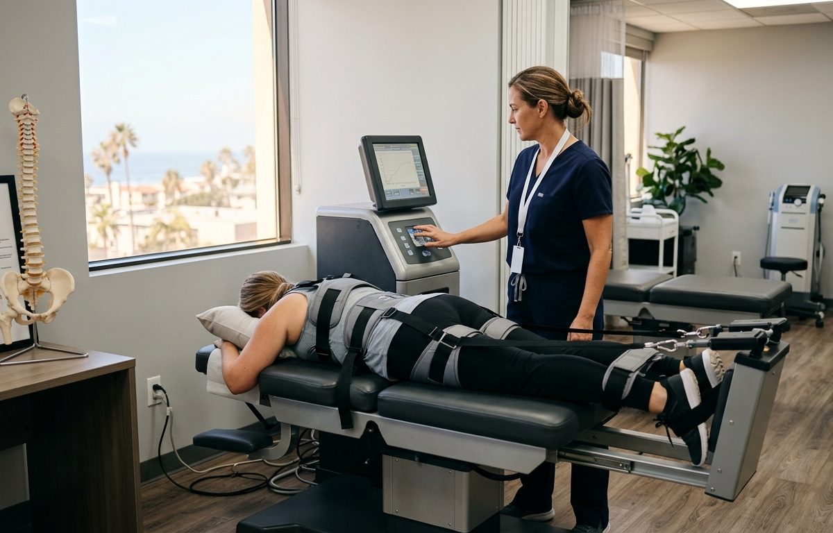 Modern spinal decompression table in a clean San Diego clinic room with no people visible