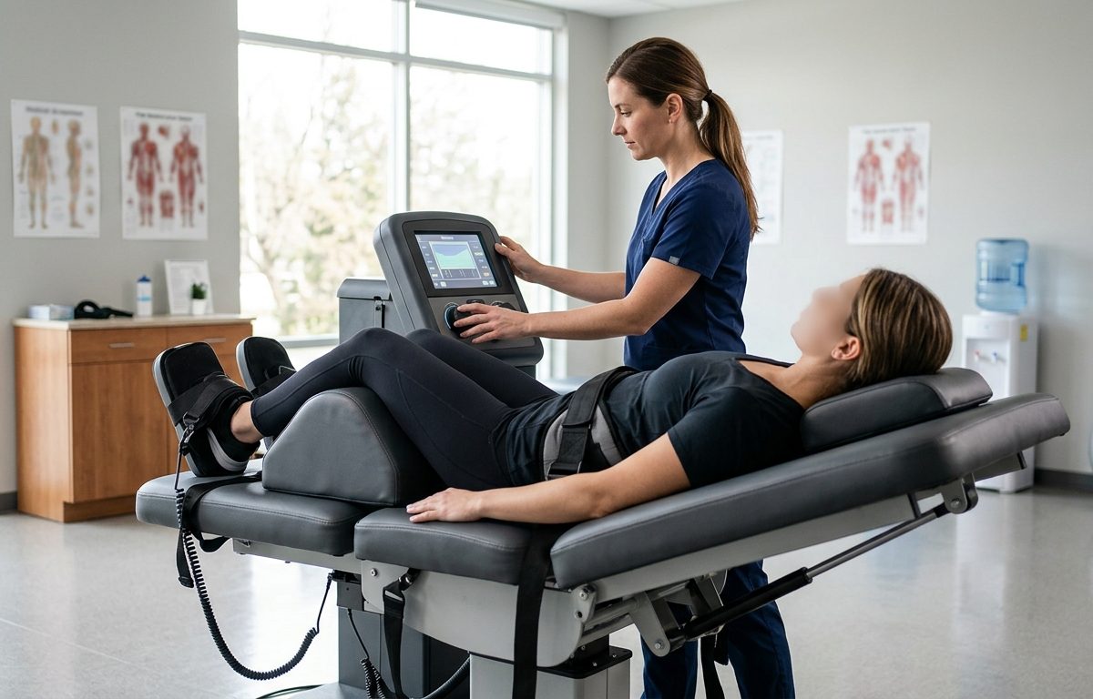 Non-surgical spinal decompression setup for lower back pain in a San Diego clinic