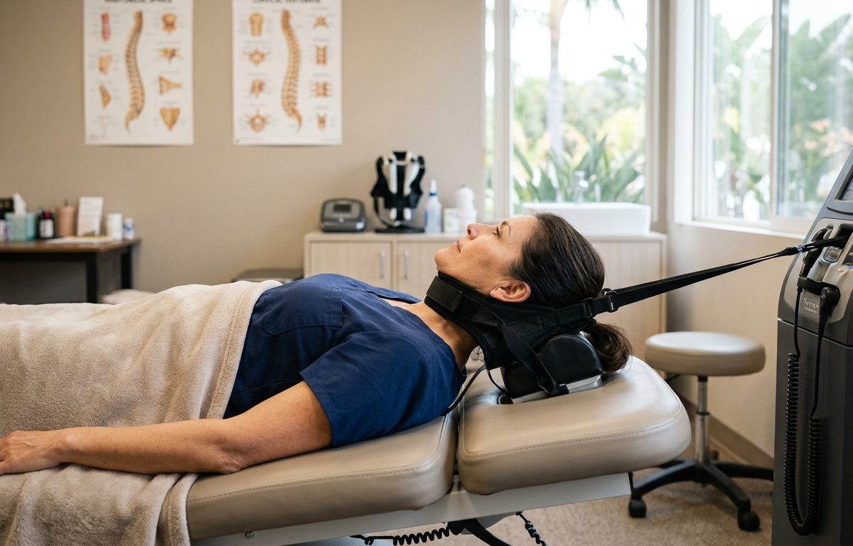 Photorealistic clinical image of cervical spine care in a modern San Diego neurology and chiropractic office
