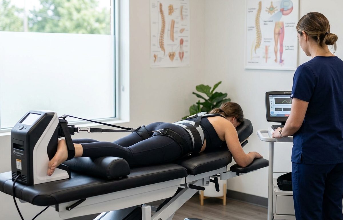 Spinal decompression table in a clean clinical setting for sciatica evaluation