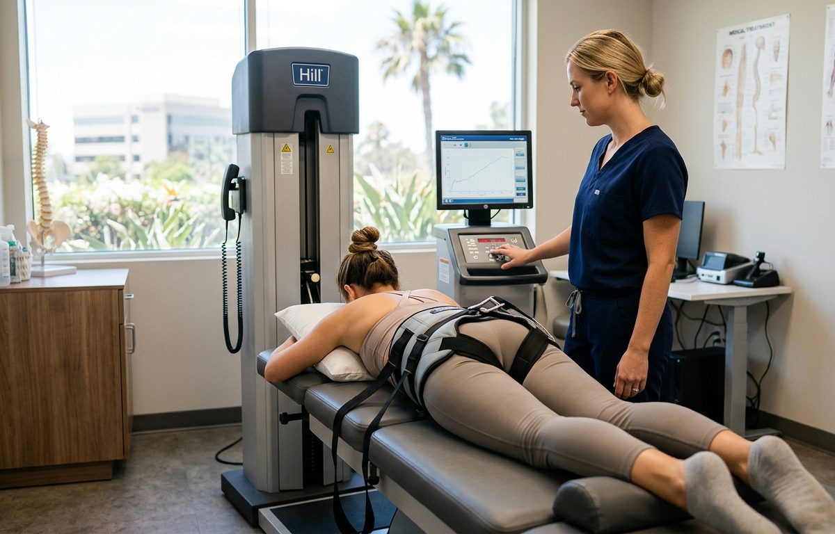 Modern spinal decompression treatment room in a clean clinical setting in San Diego