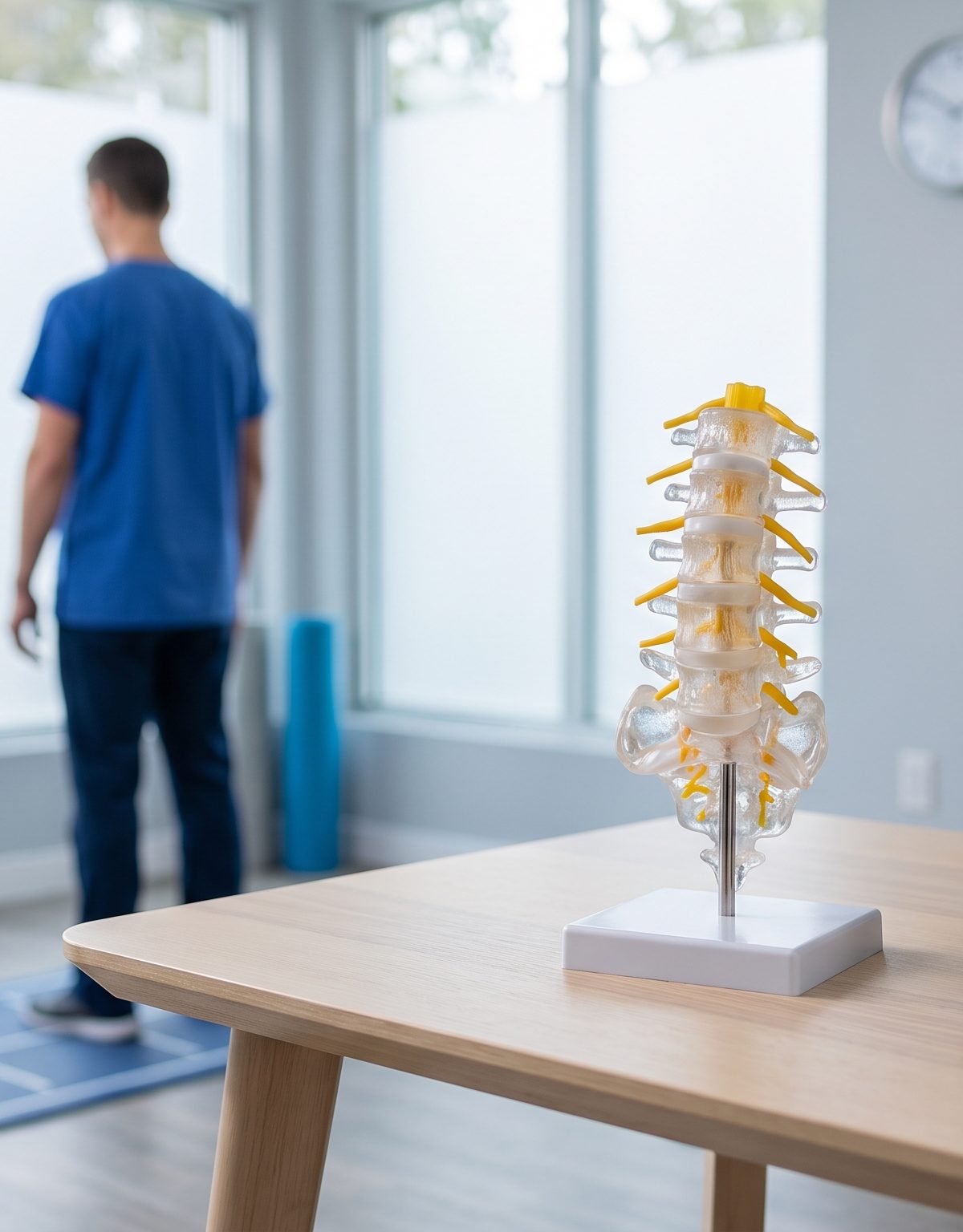 Clinical lumbar spine model beside a neutral gait and neurologic assessment setup