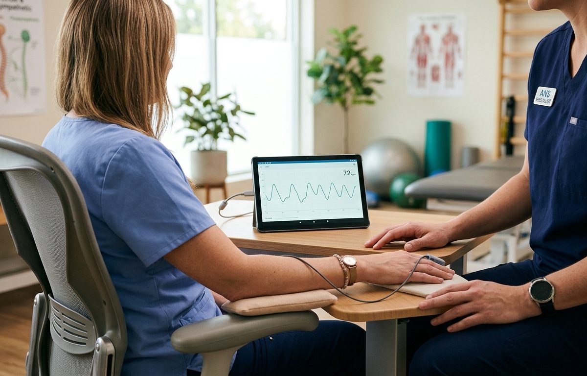Clinical autonomic rehabilitation scene with heart-rate monitoring and calming neurologic visual cues