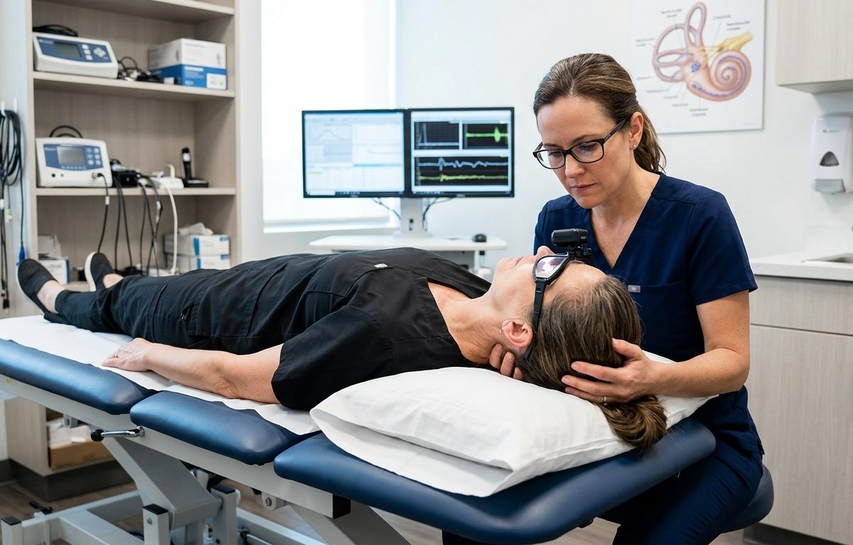Calm clinical vestibular evaluation setup representing positional vertigo when rolling in bed