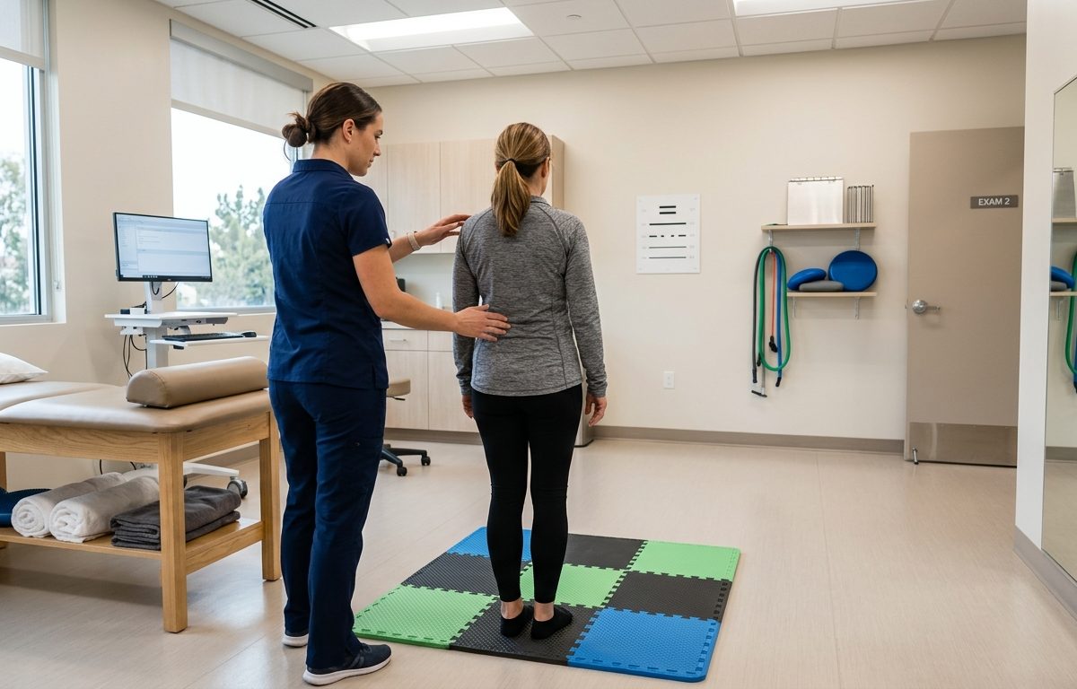 Clinical vestibular therapy evaluation setup in a San Diego rehabilitation setting
