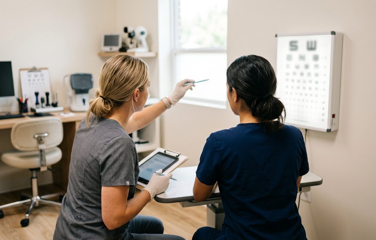 Clean clinical visual rehabilitation assessment setup without text or visible faces