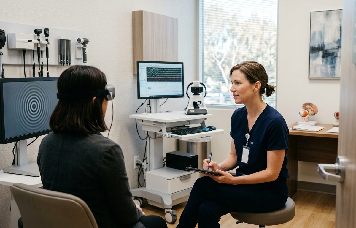 Calm clinical exam room setup representing visual migraine evaluation and dizziness rehabilitation in San Diego