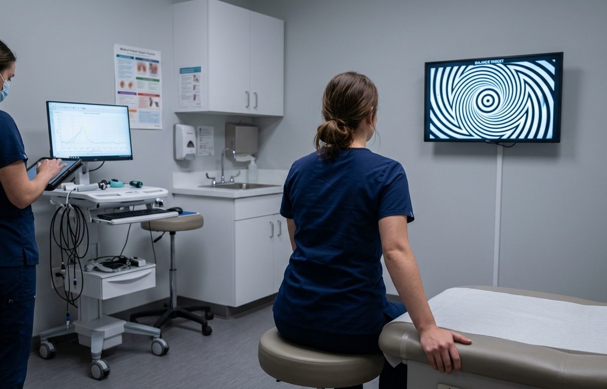 Calm clinical vestibular exam room with balance target and motion-sensitivity visual cues