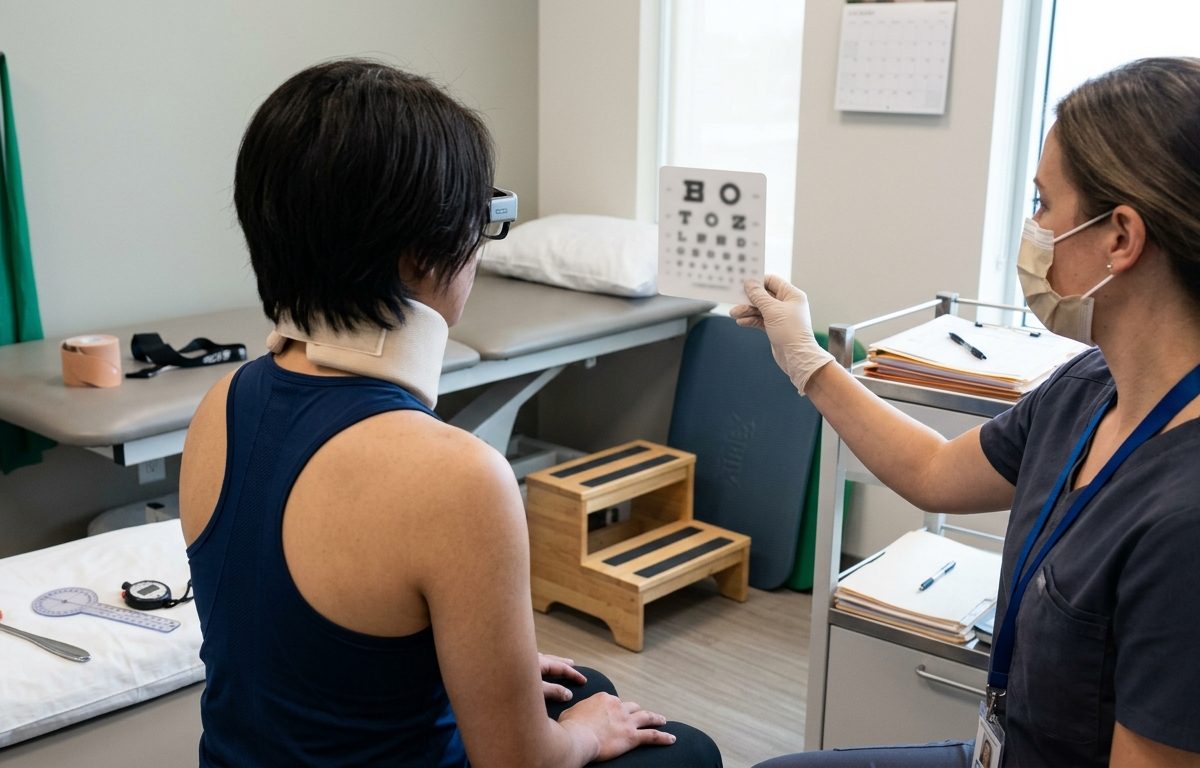 Clinical rehabilitation setting illustrating reevaluation for returning concussion symptoms