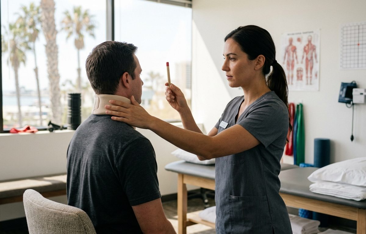 Clinical rehabilitation setting illustrating evaluation for whiplash-related neck pain and dizziness