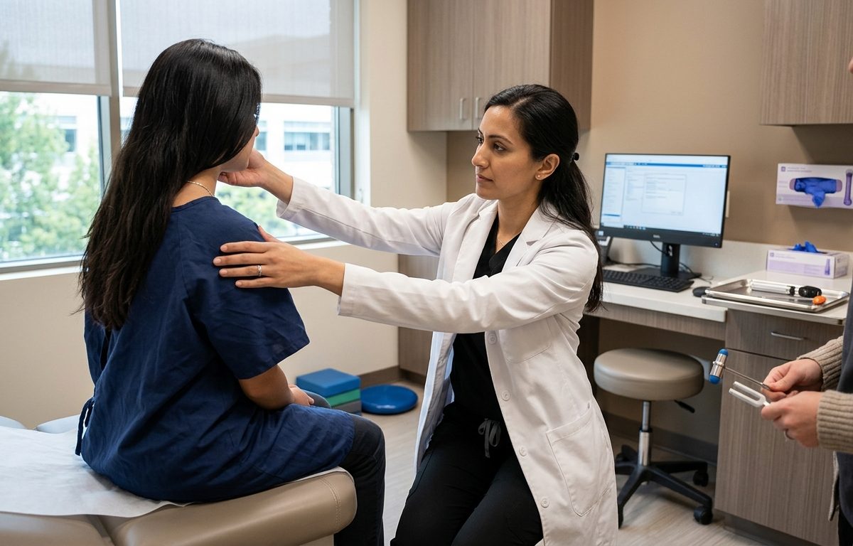 Clinical neck and neurologic post-injury assessment in a modern exam room