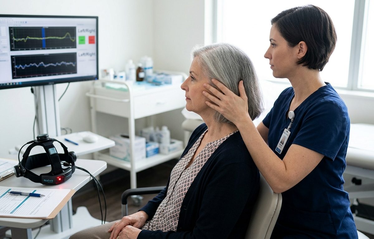 Clinical vestibular evaluation setup for dizziness triggered by head turning