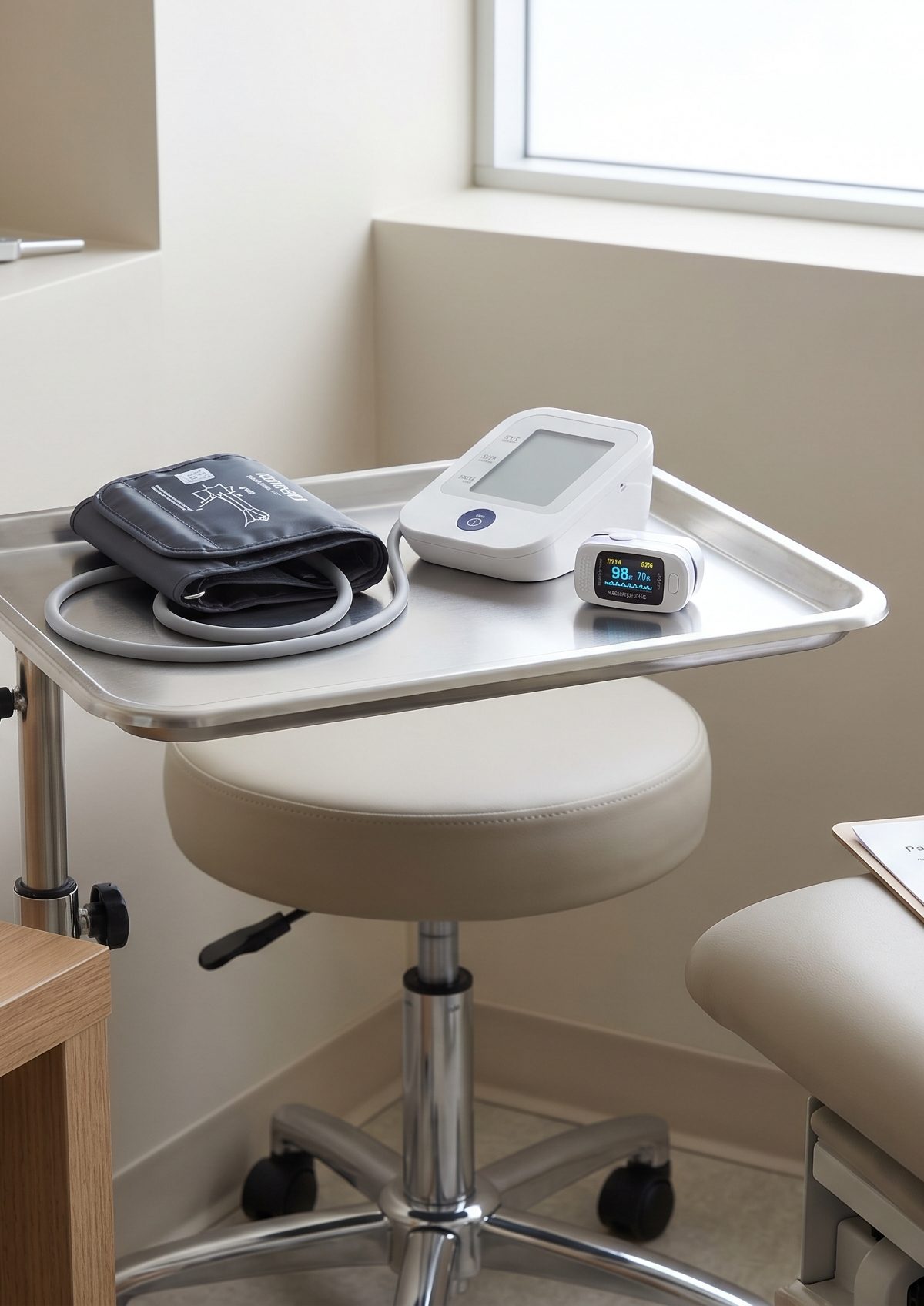 Clinical autonomic assessment setup with blood pressure cuff and heart rate monitoring in a clean exam room