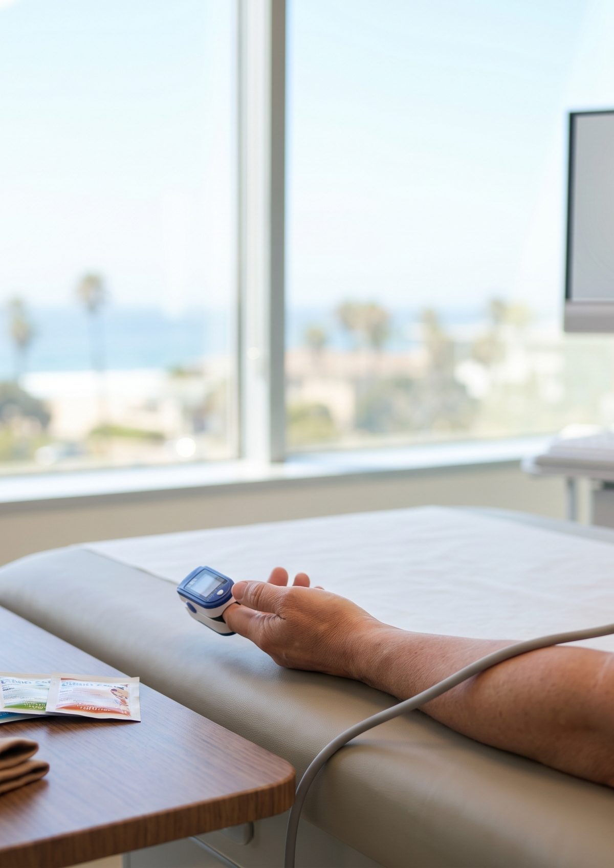 Clinical evaluation setup for POTS including blood pressure cuff and pulse oximeter in a San Diego clinic