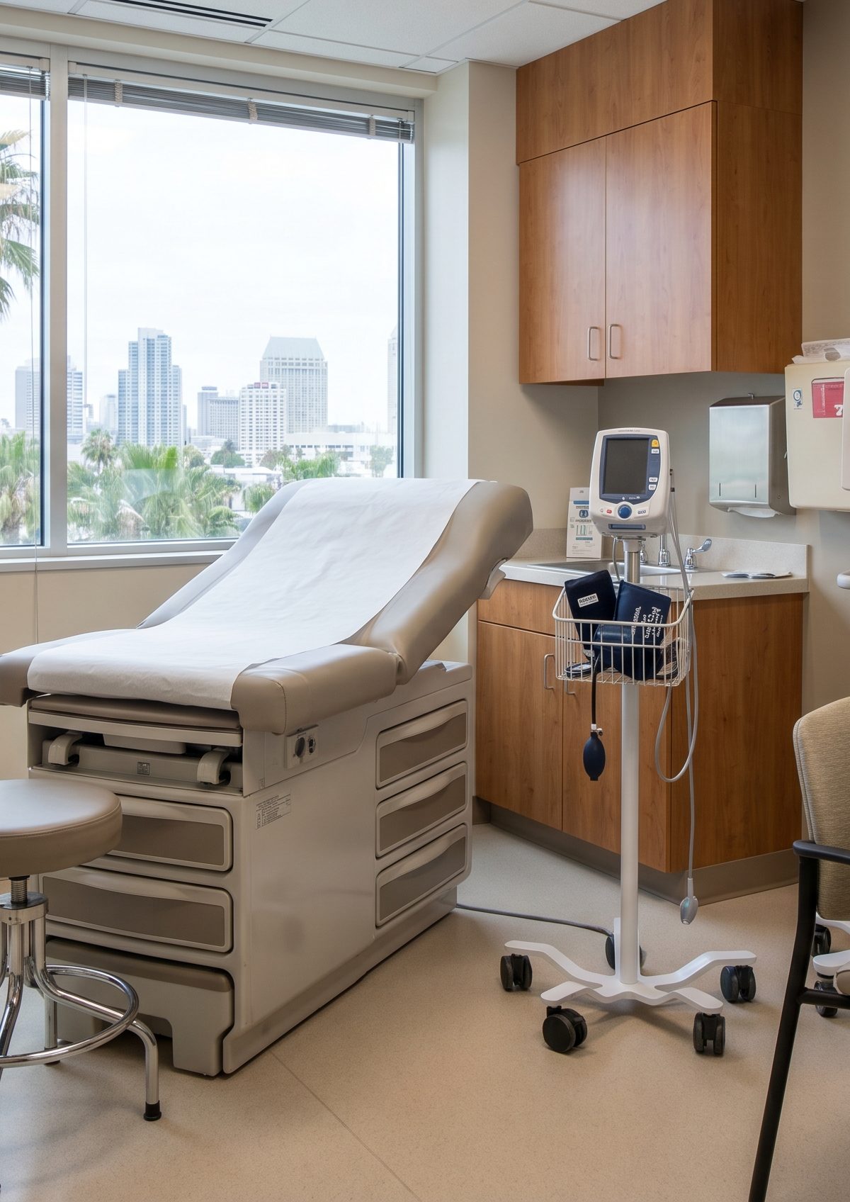 Clinical evaluation setup for orthostatic intolerance symptoms in a clean San Diego exam room