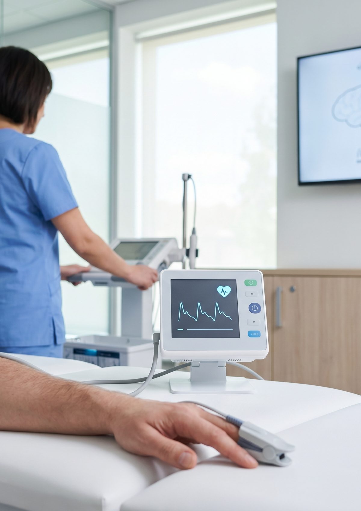 Clinical autonomic evaluation setup for orthostatic intolerance symptoms in a clean San Diego exam room