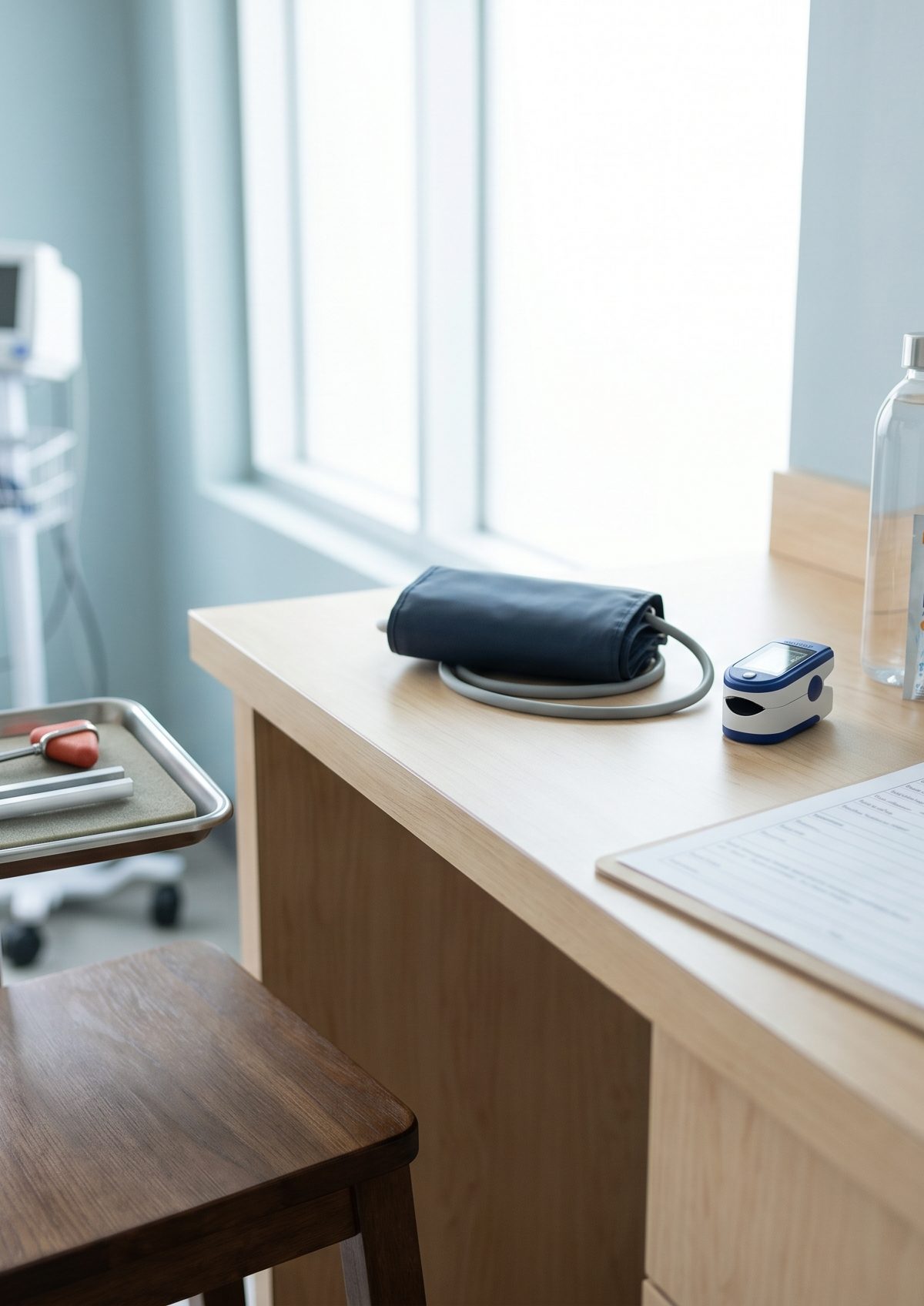 Clinical autonomic assessment setup with blood pressure cuff, pulse oximeter, and hydration cues in a clean exam room