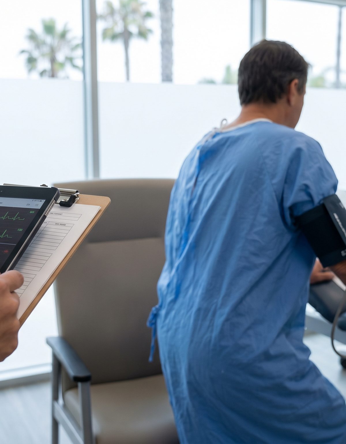Clinical autonomic evaluation setup with blood pressure cuff, pulse oximeter, and seated to standing assessment in a modern exam room