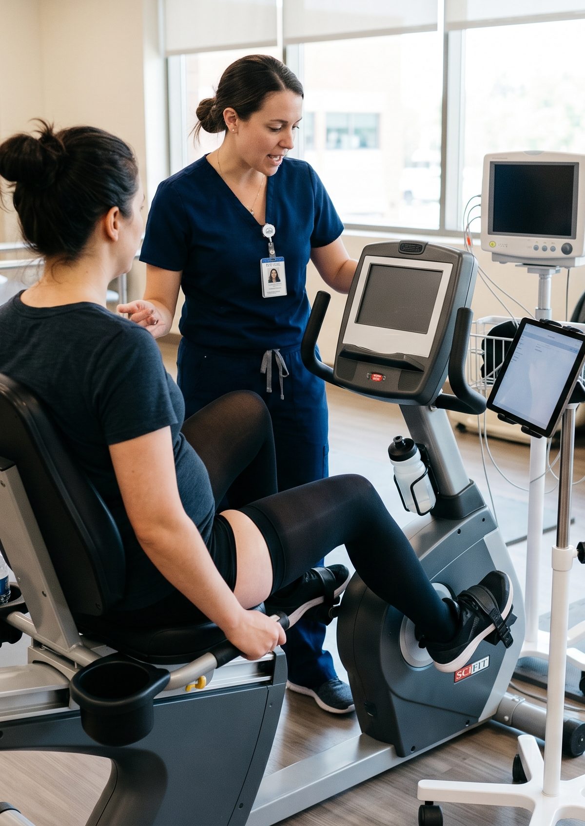 Patient performing recumbent exercise as part of non-medication POTS rehabilitation in a clinical setting