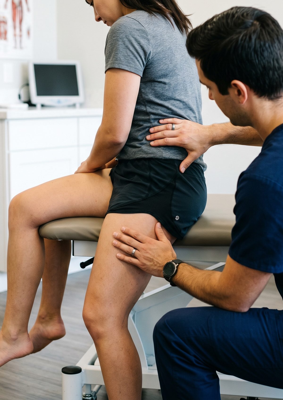 Clinician reviewing low back, gluteal, and radiating leg pain patterns with a patient experiencing sciatica vs piriformis syndrome in a clinical exam room