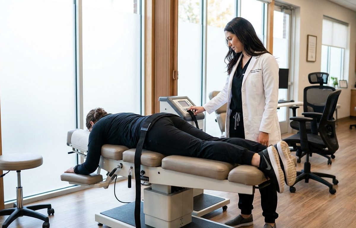 Patient lying on full spinal decompression table during non-surgical treatment session in San Diego