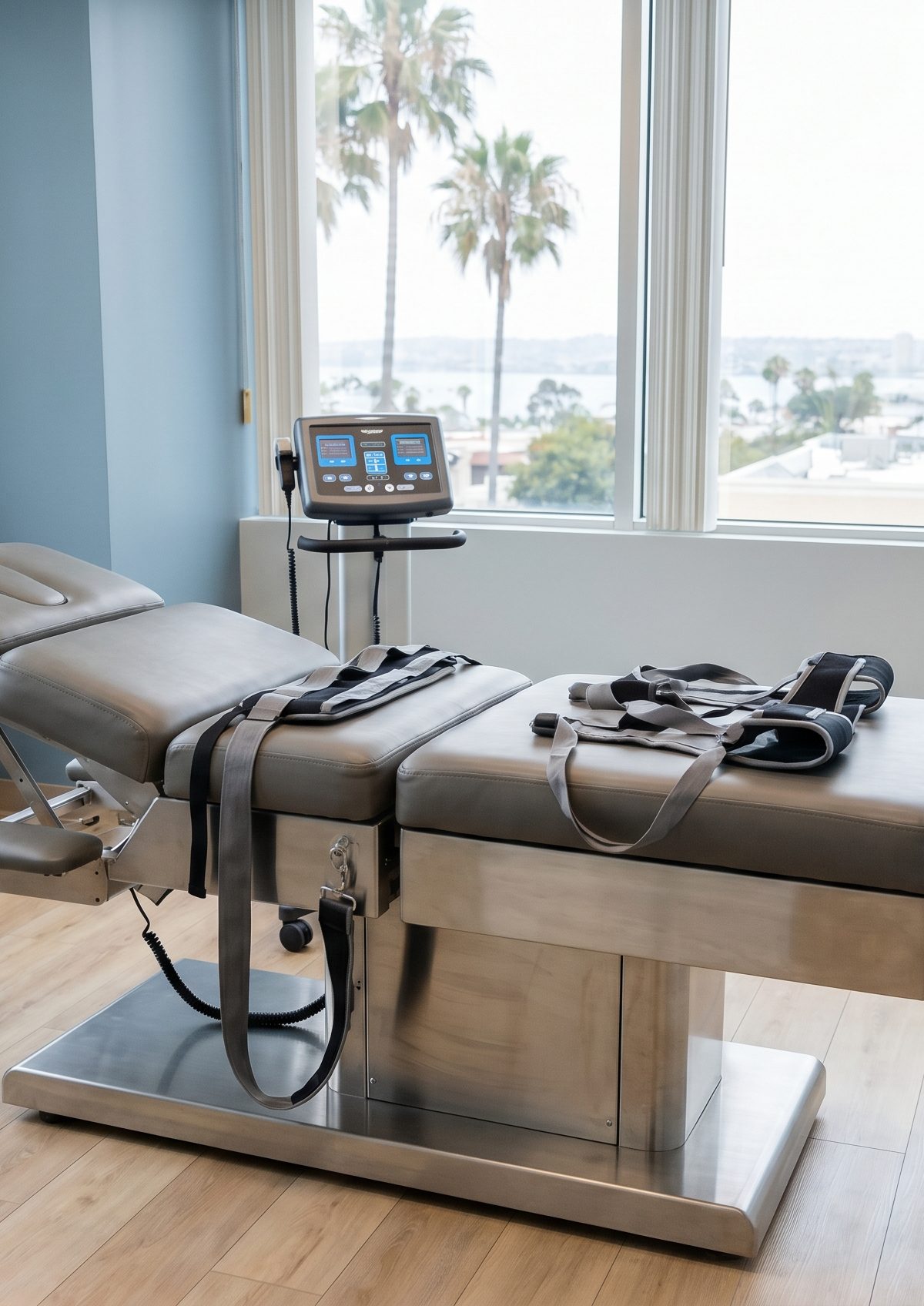 Clinical spinal decompression setup for sciatica treatment in San Diego