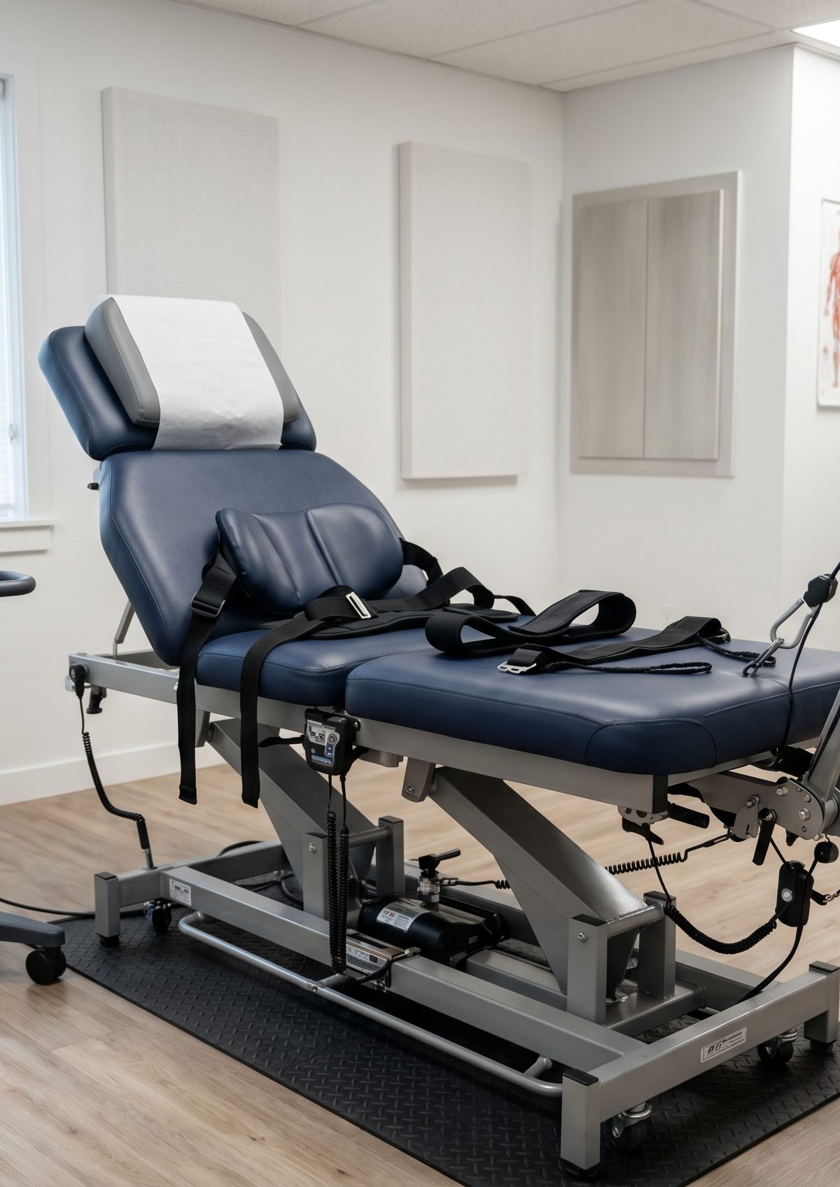 Non-surgical spinal decompression table in a modern San Diego spine clinic treatment room