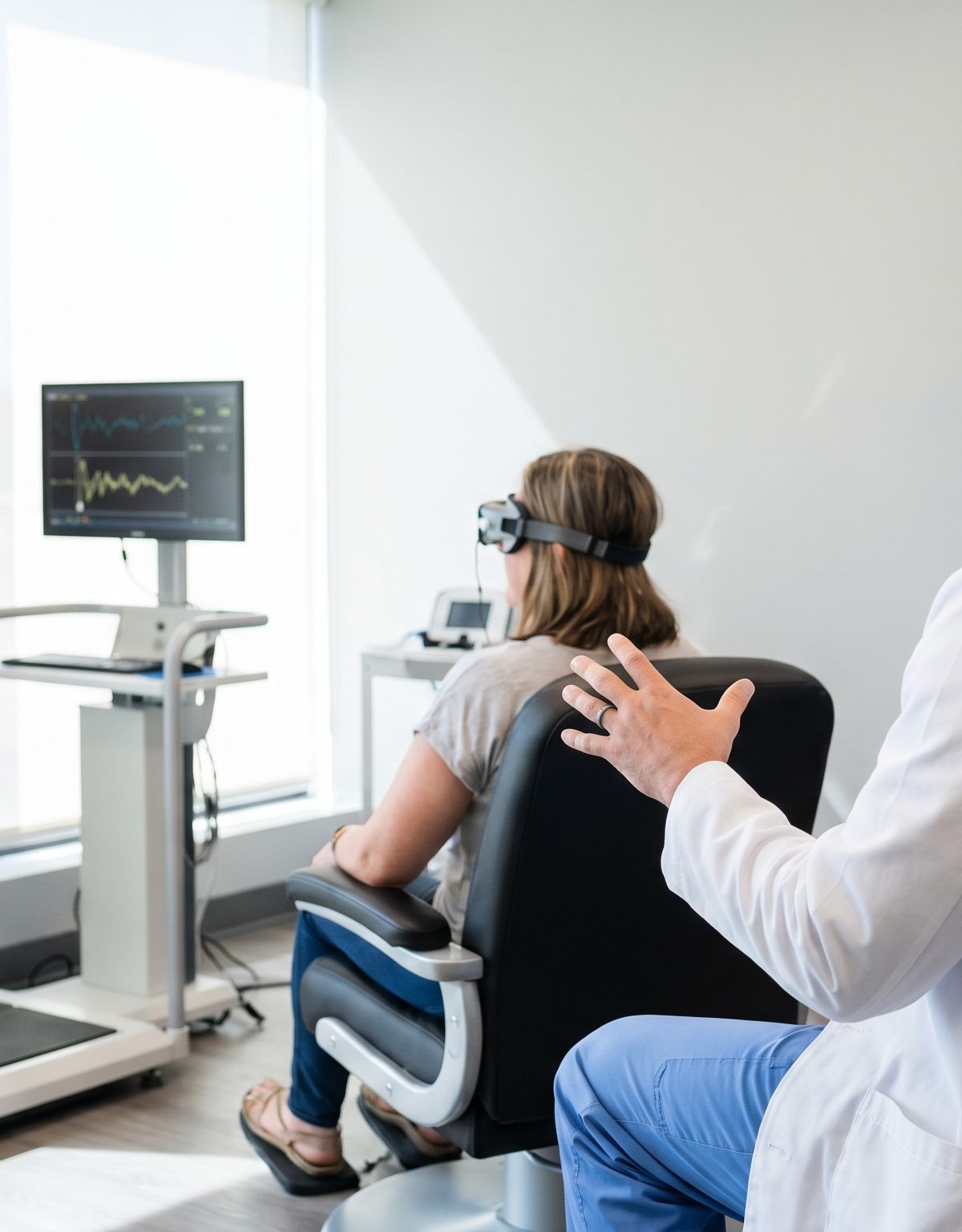 Clinician guiding a balance and vestibular evaluation for a patient with vertigo in San Diego