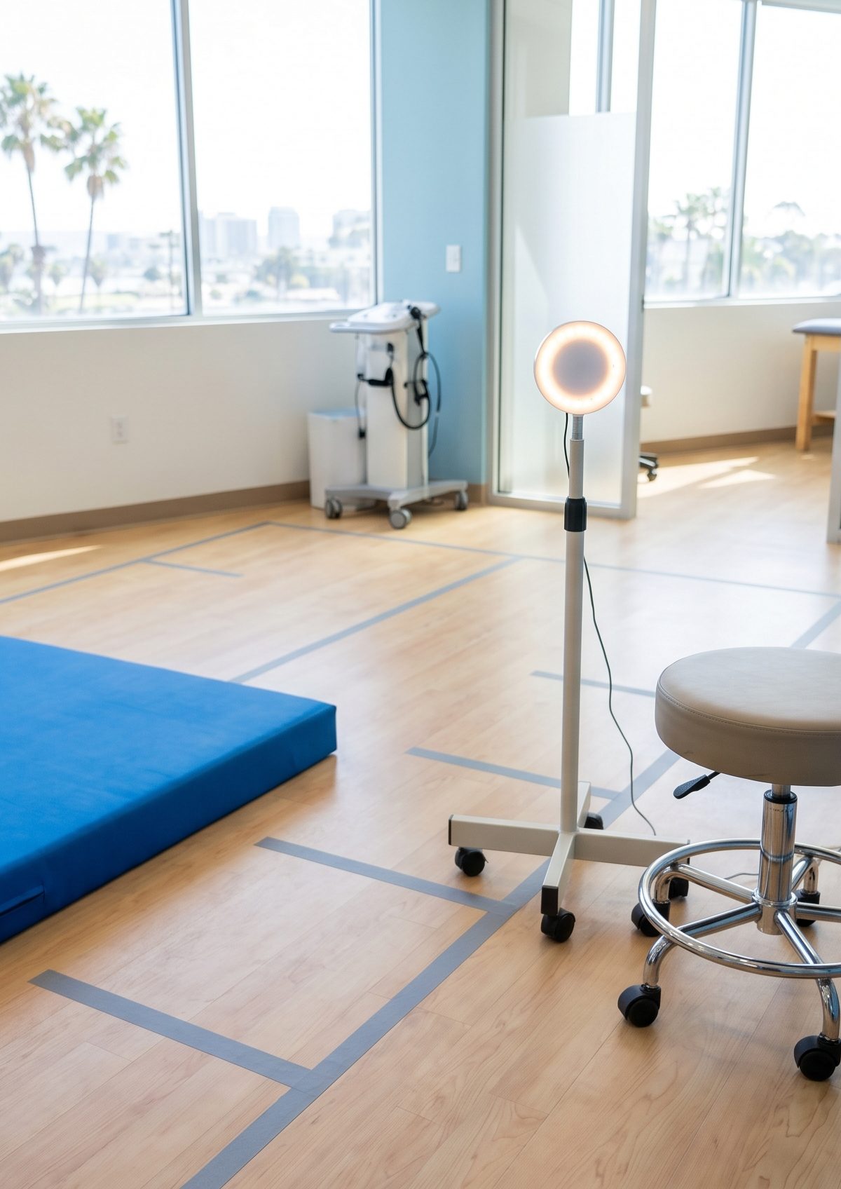 Vestibular balance and eye movement assessment setup in a clean San Diego clinic