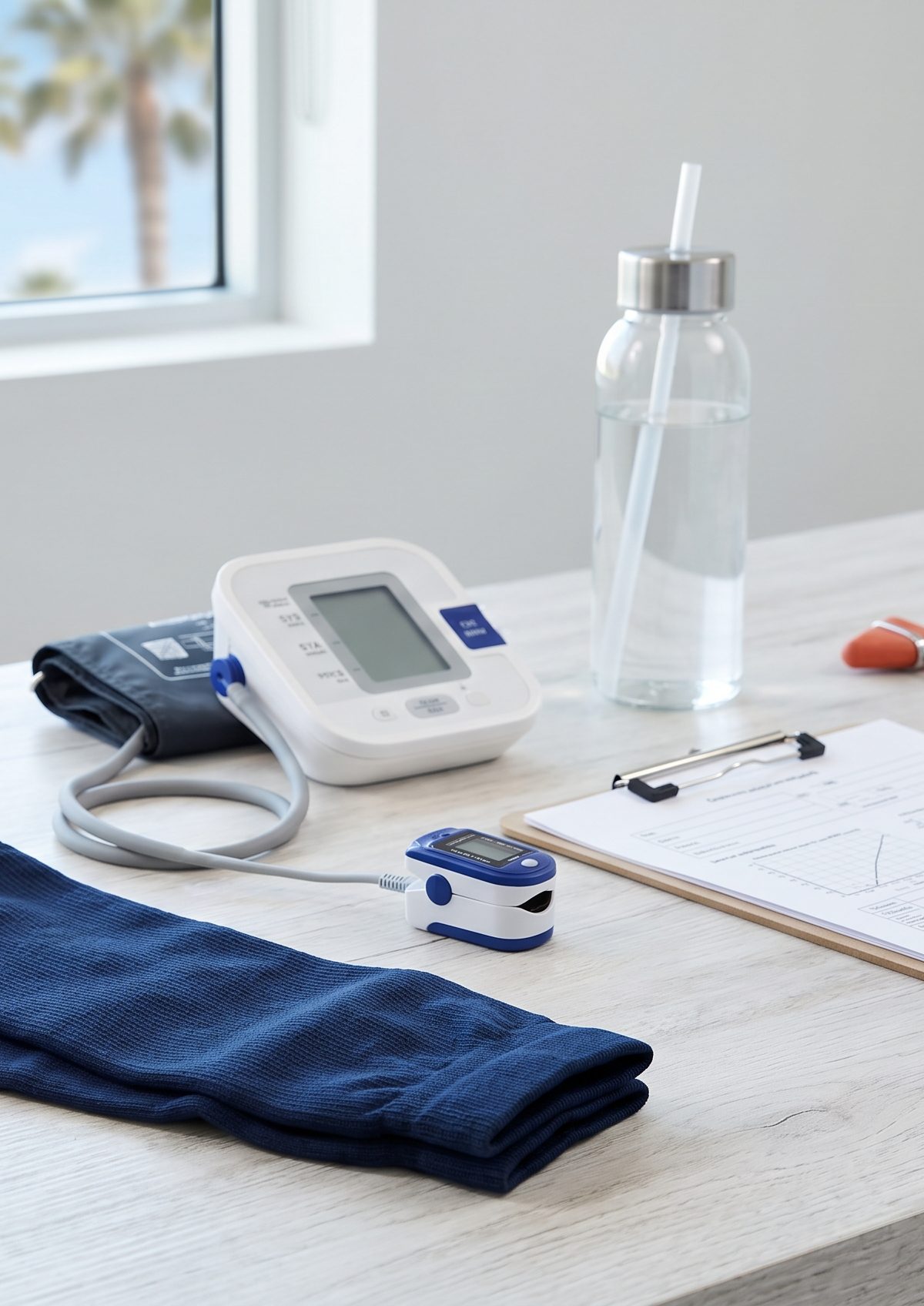 Clinical autonomic evaluation setup with blood pressure cuff, pulse oximeter, hydration supplies, and neurologic assessment tools in a clean exam room
